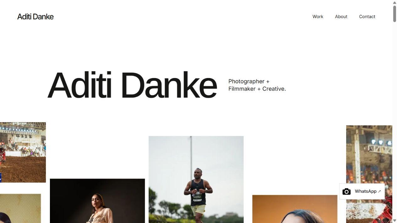 Aditi Danke photography website featuring a bold name and an editorial photography collage