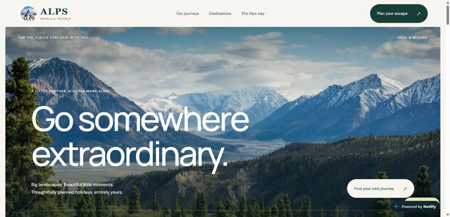 Alps Hotels and Travels website with mountain landscapes and curated holiday journeys