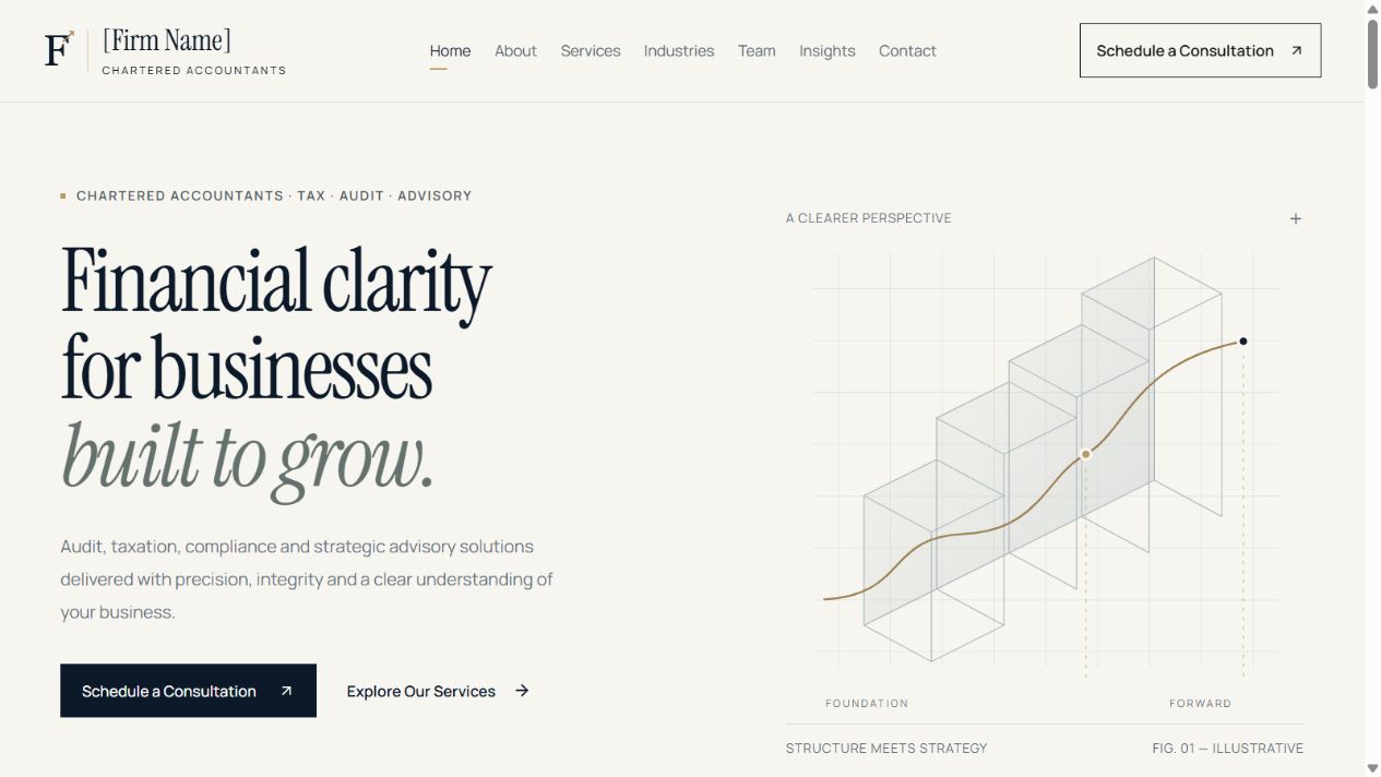 Chartered accountancy website with financial clarity headline and a refined financial growth diagram