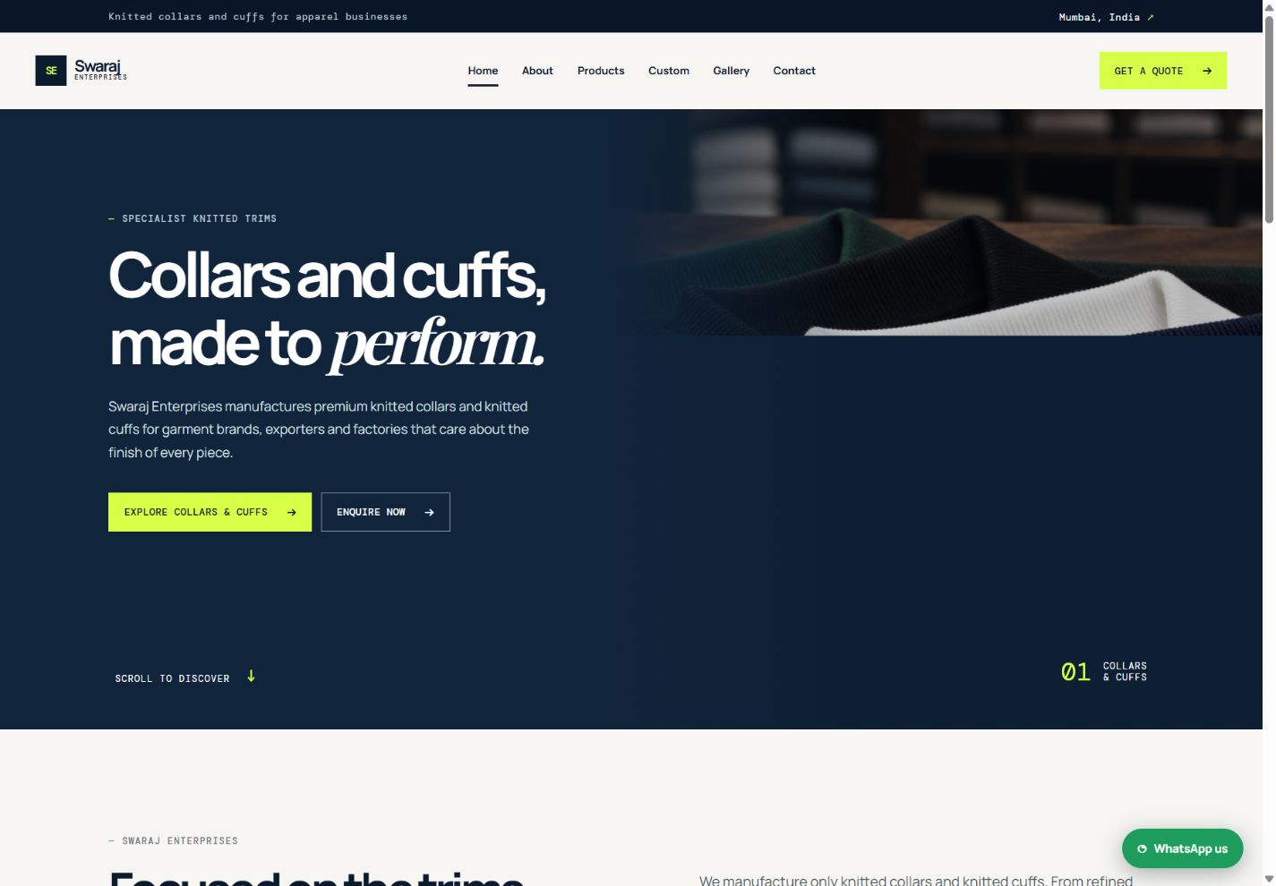 Swaraj Enterprises website showcasing knitted collars and cuffs for apparel businesses