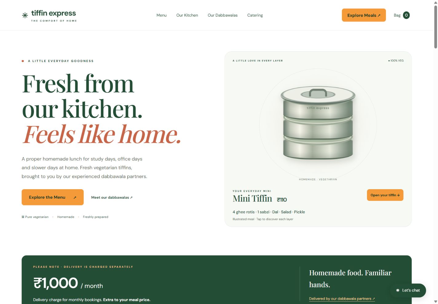 Tiffin Express website showing fresh homemade meals and its interactive tiffin experience